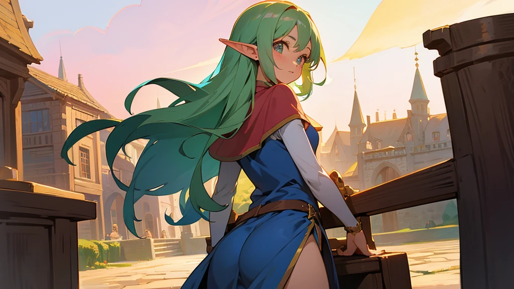 Anime Style,Nostalgic,Detailed background,The medieval world,A lively bar with lots of people,Beautiful sky,A beautiful bard elf girl looking back at me,Protruding buttocks