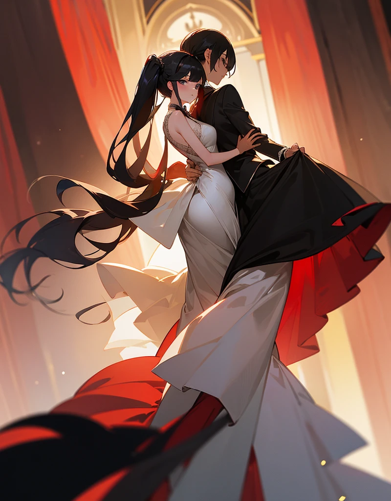 Two adult girls, a woman has two pigtails falling over her shoulders, decorated with black ribbons, SHE HAS BLONDE HAIR, blue eyes and a very elegant and very long black dress for a gala dinner with a cut that allows her to show her leg, wears beautiful evening makeup, along with another adult and taller girl, Has loose black hair with straight bangs, black eyes and dressed in a stunning red ball gown, dancing together in the middle of a gala dinner, the intense red of the black-haired girl, stand out from the crowd