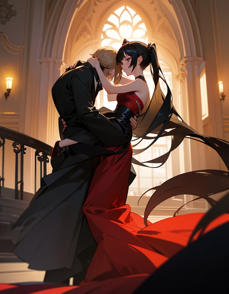 Two adult girls, a woman has two pigtails falling over her shoulders, decorated with black ribbons, SHE HAS BLONDE HAIR, blue eyes and a very elegant and very long black dress for a gala dinner with a cut that allows her to show her leg, wears beautiful evening makeup, along with another adult and taller girl, Has loose black hair with straight bangs, black eyes and dressed in a stunning red ball gown, dancing together in the middle of a gala dinner, the intense red of the black-haired girl, stand out from the crowd 