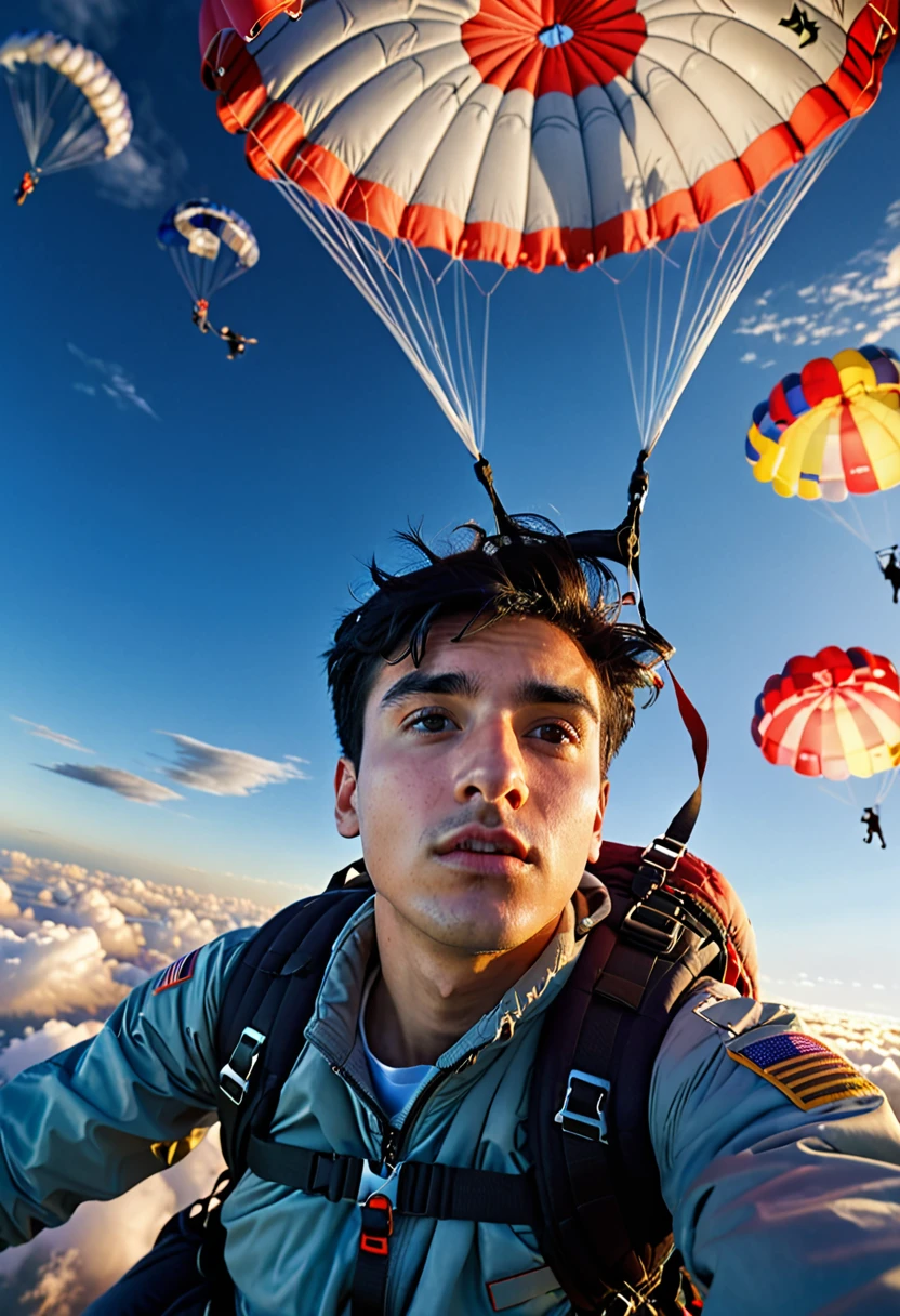 a young man with short, disheveled black hair, close-up portrait, looking directly at the camera, falling through the sky with a parachute, cinematic lighting, dramatic clouds, dynamic composition, high-quality, cinematic, photorealistic, highly detailed, volumetric lighting, beautiful blue hour sky, stunning natural lighting