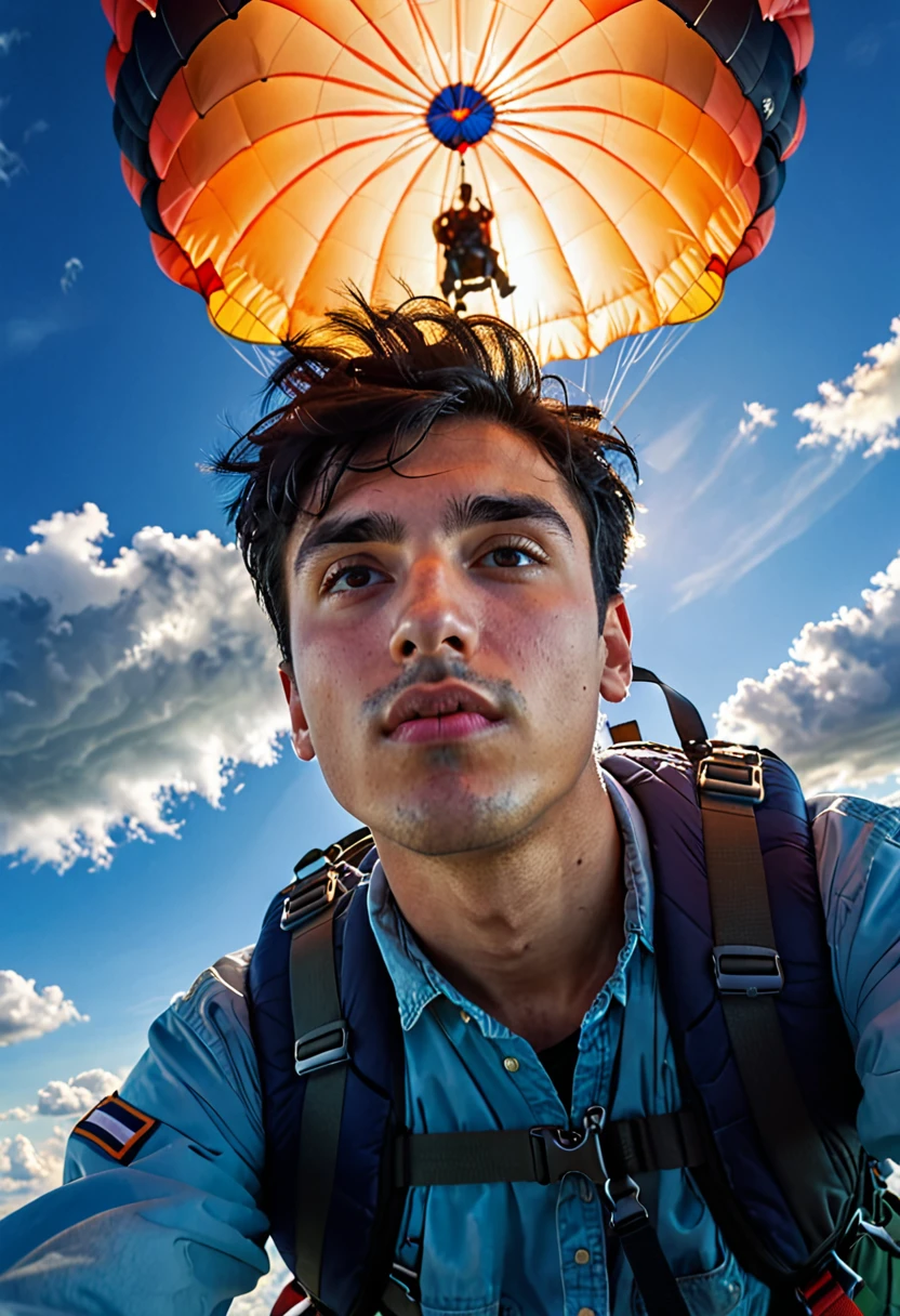 a young man with short, disheveled black hair, close-up portrait, looking directly at the camera, falling through the sky with a parachute, cinematic lighting, dramatic clouds, dynamic composition, high-quality, cinematic, photorealistic, highly detailed, volumetric lighting, beautiful blue hour sky, stunning natural lighting
