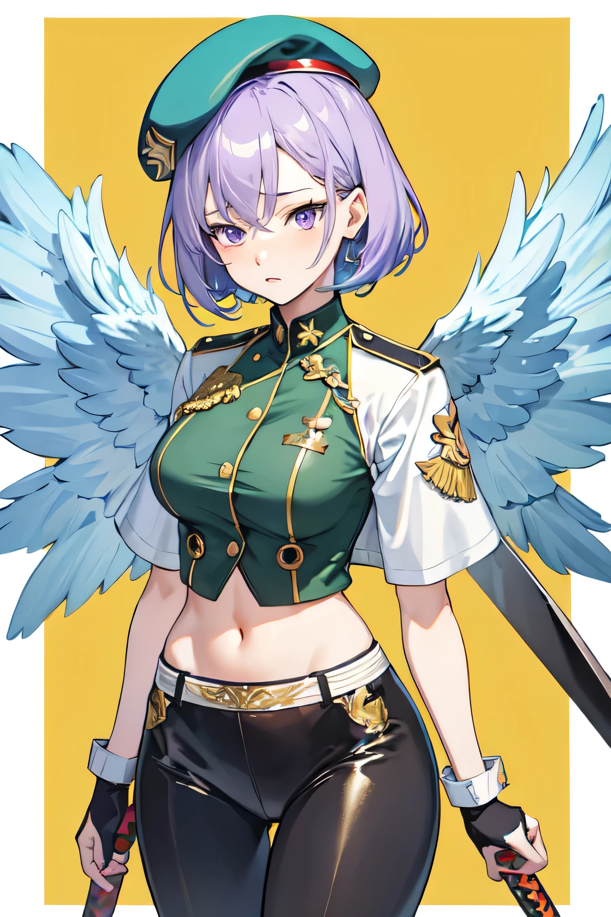 50 year old anime style woman The character has lilac hair with a military beret. She wears a green camouflage top and black pants with gold details.. Na cintura, carries a knife and she has a pair of wings (Giants) white angels on your back . She wears golden wristbands and has a long red katana with a spiked sash on her back.