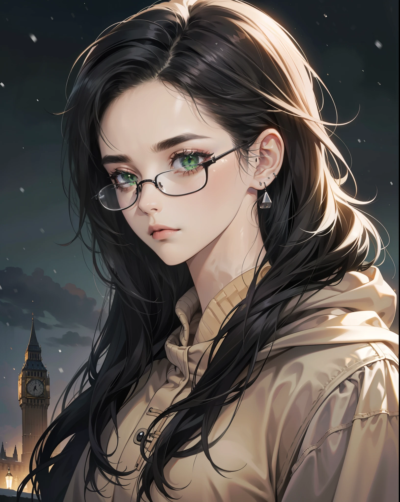 Best quality, volumetric lighting, cinematic lighting, masterpiece, ultra high res, 4k, (soft round detailed face), (sad expression), (detailed green eyes), bags under eyes, thick eyebrows, depressed, melancholy, (wearing rounded glasses), (very pale light skin), detailed black hair, ((long messy greasy hair)), (plain black hoodie), black stud earrings, black nail varnish, unwashed, unkempt, disheveled, sodium streetlamps, midnight, dark clouds, London, snow