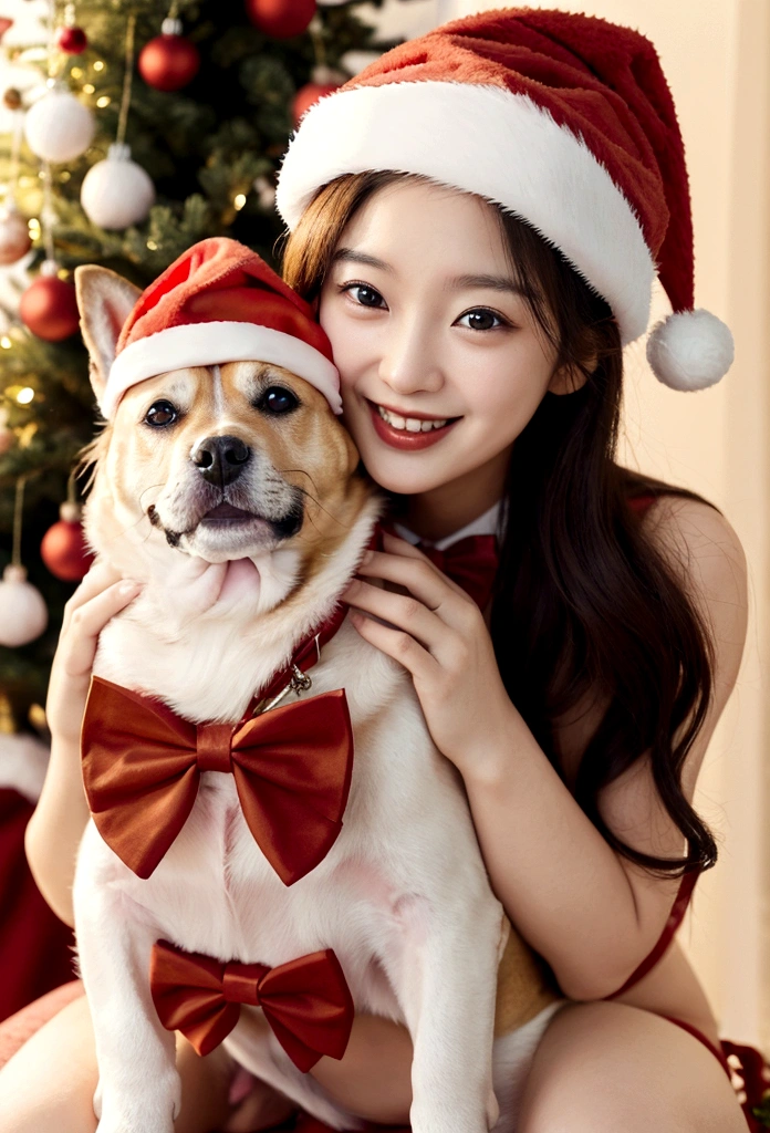 Various dogs wearing Santa hats and red bow ties，Lighted Christmas tree in the background, Fresh and lovely，warm color palette，Warm scene，smiling girl，friendly，Natural light，Pastel tones