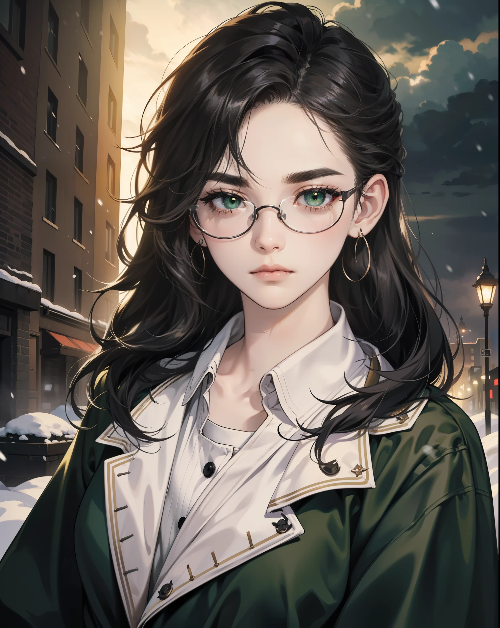 Best quality, volumetric lighting, cinematic lighting, masterpiece, ultra high res, 4k, (soft round detailed face), (sad expression), (detailed green eyes), bags under eyes, thick eyebrows, depressed, melancholy, (wearing rounded glasses), (very pale light skin), detailed black hair, ((long messy greasy hair)), (plain black hoodie), black stud earrings, black nail varnish, unwashed, unkempt, disheveled, sodium streetlamps, midnight, dark clouds, London, snow