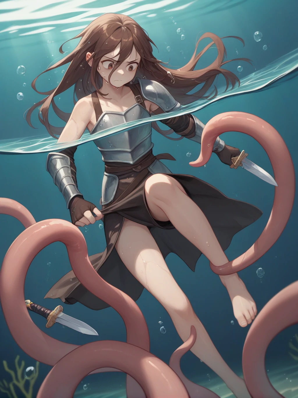 Partially underwater,最high quality,high quality, 4-year-old, , Long Hair, Brown Hair, Wet Hair, Flat Chest,Dark underground labyrinth,No light,Leather armor,Equipped with a dagger and a shield,Face above water,Body in water, Underwater Photography,The robe rolls up due to buoyancy,Painful face、My leg is pulled by tentacles、Being dragged into the water、Go wild