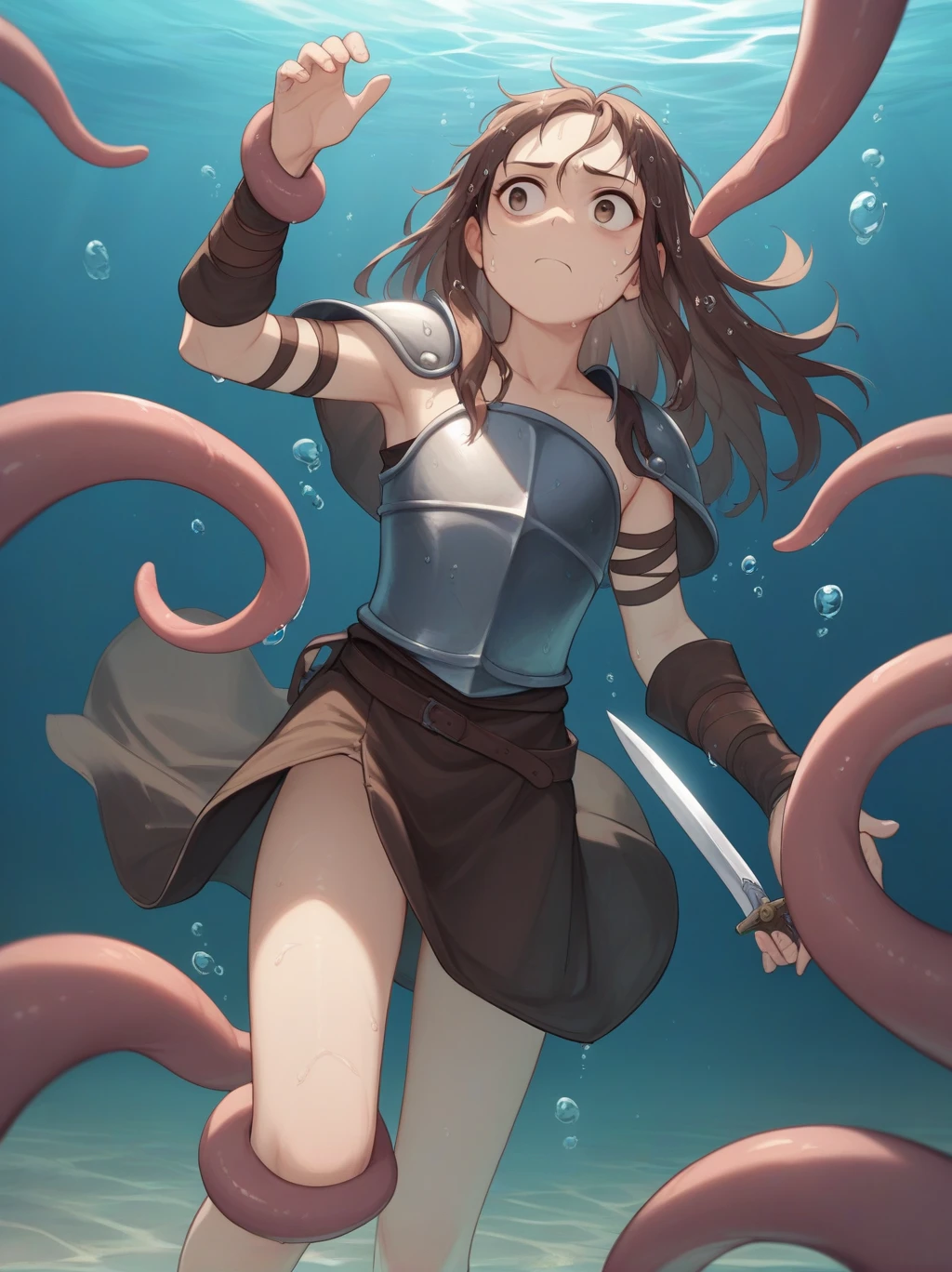 Partially underwater,最high quality,high quality, , , Long Hair, Brown Hair, Wet Hair, Flat Chest,Dark underground labyrinth,No light,Leather armor,Equipped with a dagger and a shield,Face above water,Body in water, Underwater Photography,The robe rolls up due to buoyancy,Painful face、My leg is pulled by tentacles、Being dragged into the water、Go wild