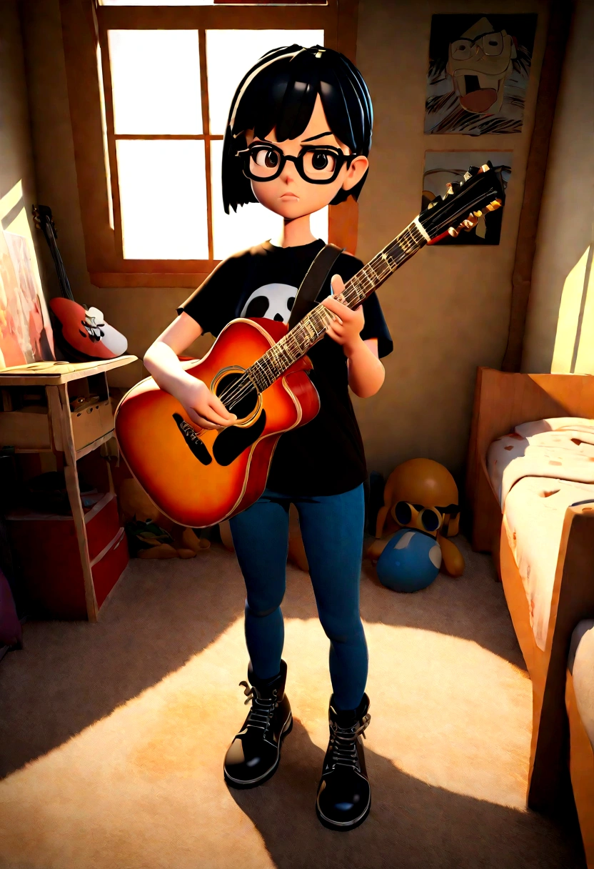 cartoon character, White girl, slim, with a serious and fixed look, long straight black hair, eyes black, retracted lips, big square glasses, black t-shirt with a skull design and jeans, boot. in a teenager's room , with a guitar, full of posters. Serious woman, photo by full body, drawing in 3D Art style, C4D, Disney style, pixar style render illustration Super Detail