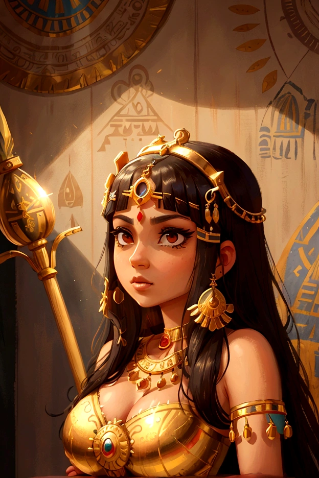 Create a regal 4K resolution close-up portrait of Cleopatra, the legendary queen of Egypt, capturing her timeless beauty and commanding presence:
Visualize Cleopatra with her distinctive features: her dark, almond-shaped eyes adorned with dramatic kohl eyeliner, and her straight, jet-black hair styled in a sleek bob with gold adornments. Her gaze should be intense and captivating, reflecting her intelligence and power.
Dress Cleopatra in her iconic royal attire: a gold and white dress intricately embroidered with ancient Egyptian patterns, complemented by a wide, jeweled collar and arm cuffs. Adorn her with a golden headdress or a serpent-shaped diadem, symbolizing her status as a pharaoh.
Set the scene against the backdrop of an opulent palace interior, with towering columns, rich tapestries, and hieroglyphics etched into the walls. Include elements such as golden artifacts, lush draperies, and flickering torches to enhance the luxurious and historic atmosphere.
The color palette should be rich and majestic, with shades of gold, deep blues, and vibrant reds, highlighting Cleopatra’s royal status and the splendor of ancient Egypt.
Cleopatra's expression should convey a blend of regality, intelligence, and allure, capturing her enigmatic and powerful nature. Her gaze should be both commanding and inviting, embodying her role as a shrewd leader and a timeless icon.
This portrait aims to celebrate Cleopatra as a symbol of power, beauty, and intelligence, capturing her iconic features and the grandeur of her ancient Egyptian heritage.