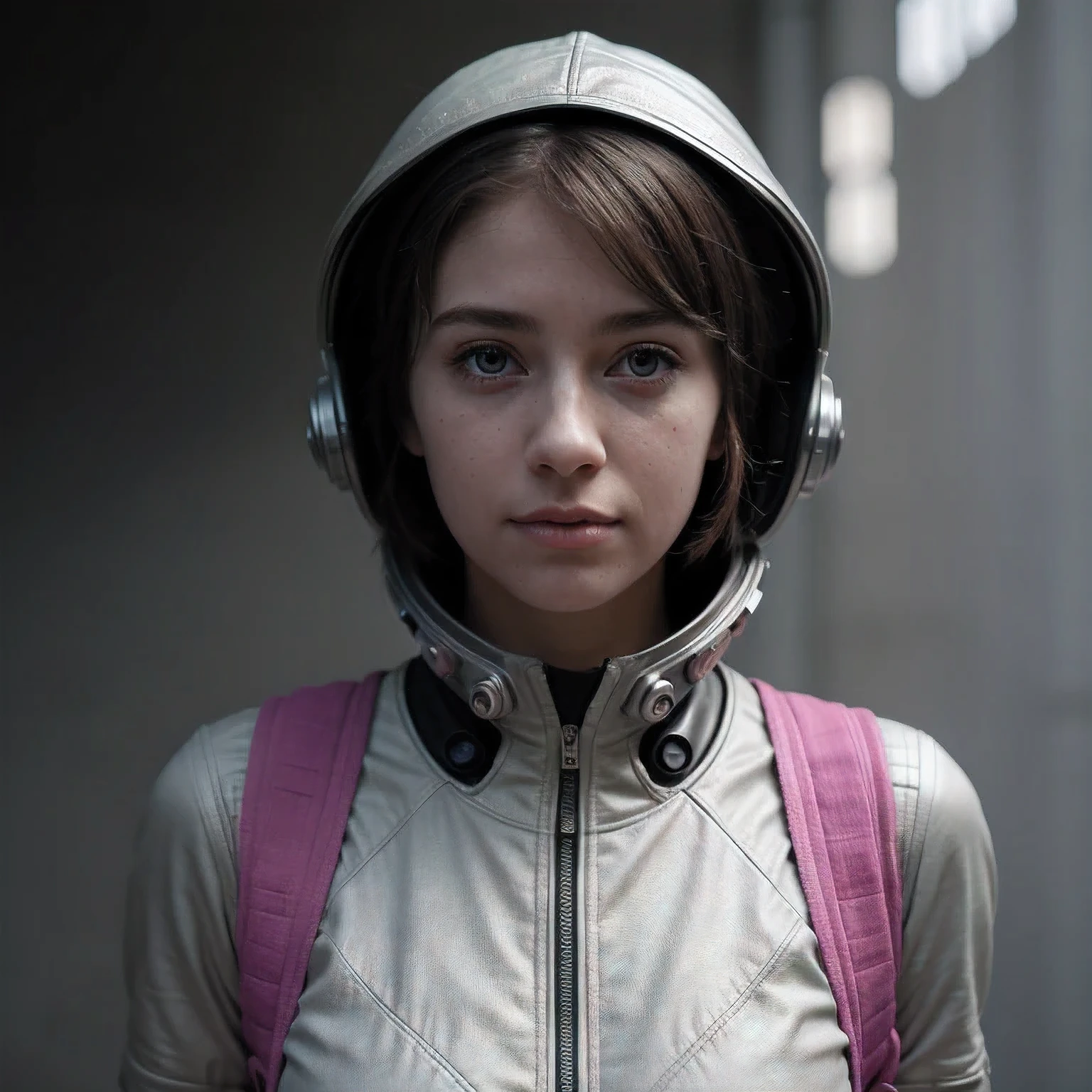 Photo of a college student, Purple Pink, Futuristic space suit, (freckle:0.8) Cute face, Science Fiction, Dystopia, Delicate eyes, Green pupils（（side view））