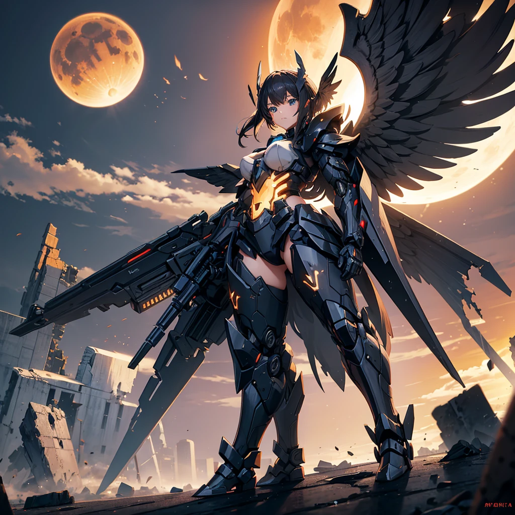 female mecha wings of angel, in black armor, in a destroyed city, the night, with an eclipse in the background