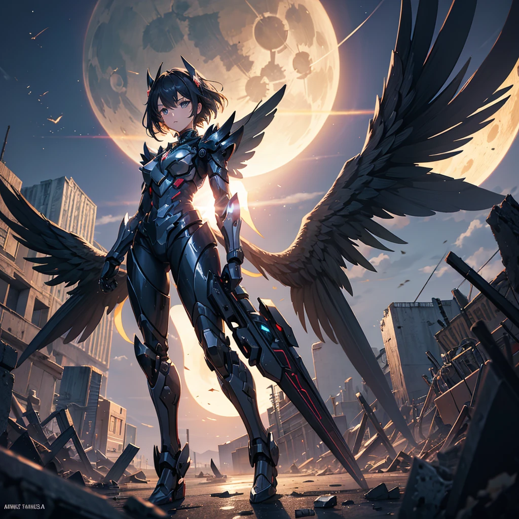 female mecha wings of angel, in black armor, in a destroyed city, the night, with an eclipse in the background