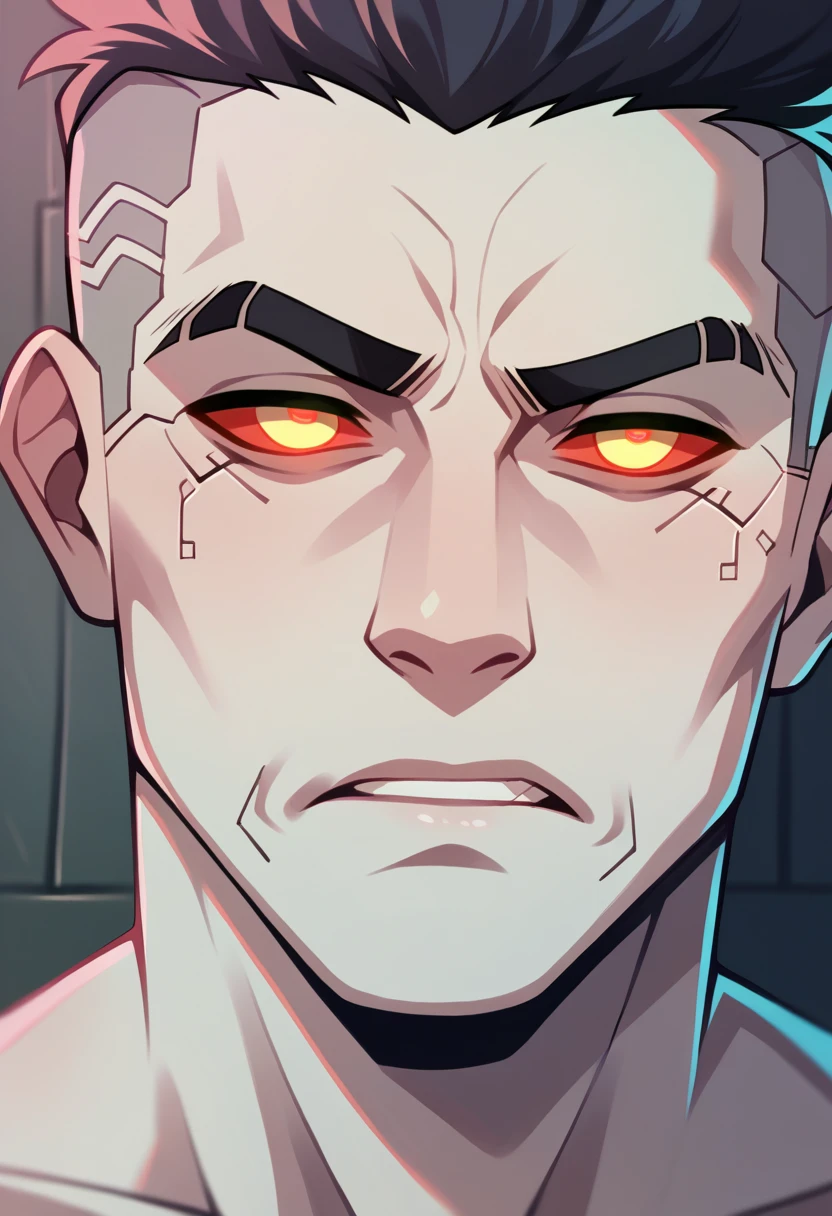 Macro clarity quality, Close-up portrait, Cyberpunk brutal man, Cyberpunk Neon Room, Rough skin, Looking at the camera, Glowing Eyes, 40 years old, Cinematic, pale colour, Dark Shot, Calm colors, Film grain, access, spooky