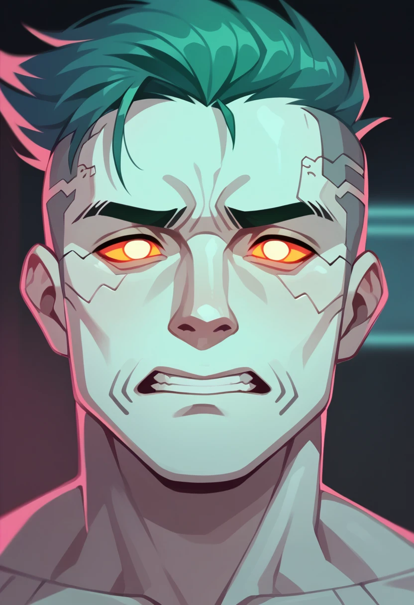 Macro clarity quality, Close-up portrait, Cyberpunk brutal man, Cyberpunk Neon Room, Rough skin, Looking at the camera, Glowing Eyes, 40 years old, Cinematic, pale colour, Dark Shot, Calm colors, Film grain, access, spooky