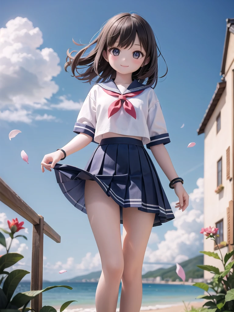 (masterpiece),  town,  blue sky,  One Girl,  smile,  alone,  Sailor suit、Long skirt,  Overgrown,  petal,  plant、Skirt lining、Translucent slip、Nostalgic、Strong winds、Skirt fluttering in the wind