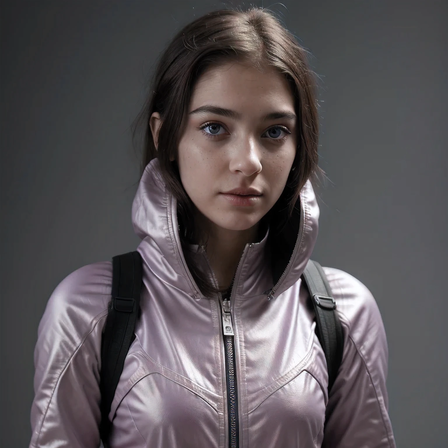 Photo of a college student, Purple Pink, Futuristic space suit, (freckle:0.8) Cute face, Science Fiction, Dystopia, Delicate eyes, Green pupils（（side view））