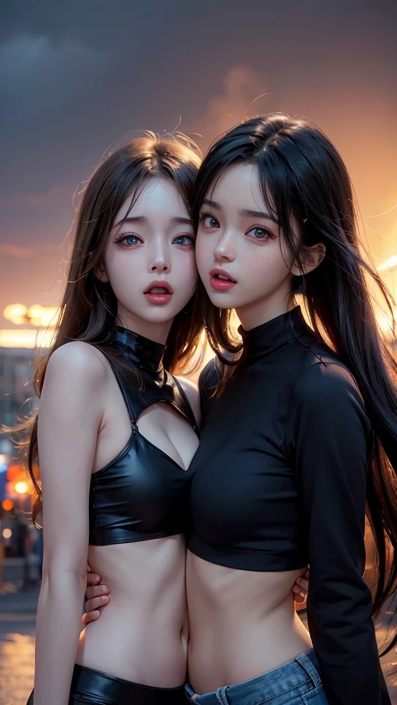 cute anime girls hugging, tongues out, midriff, looking up, detailed facial features, beautiful eyes and lips, 3D render, highly detailed, photorealistic, masterpiece, vibrant colors, cinematic lighting, dramatic pose, dynamic composition