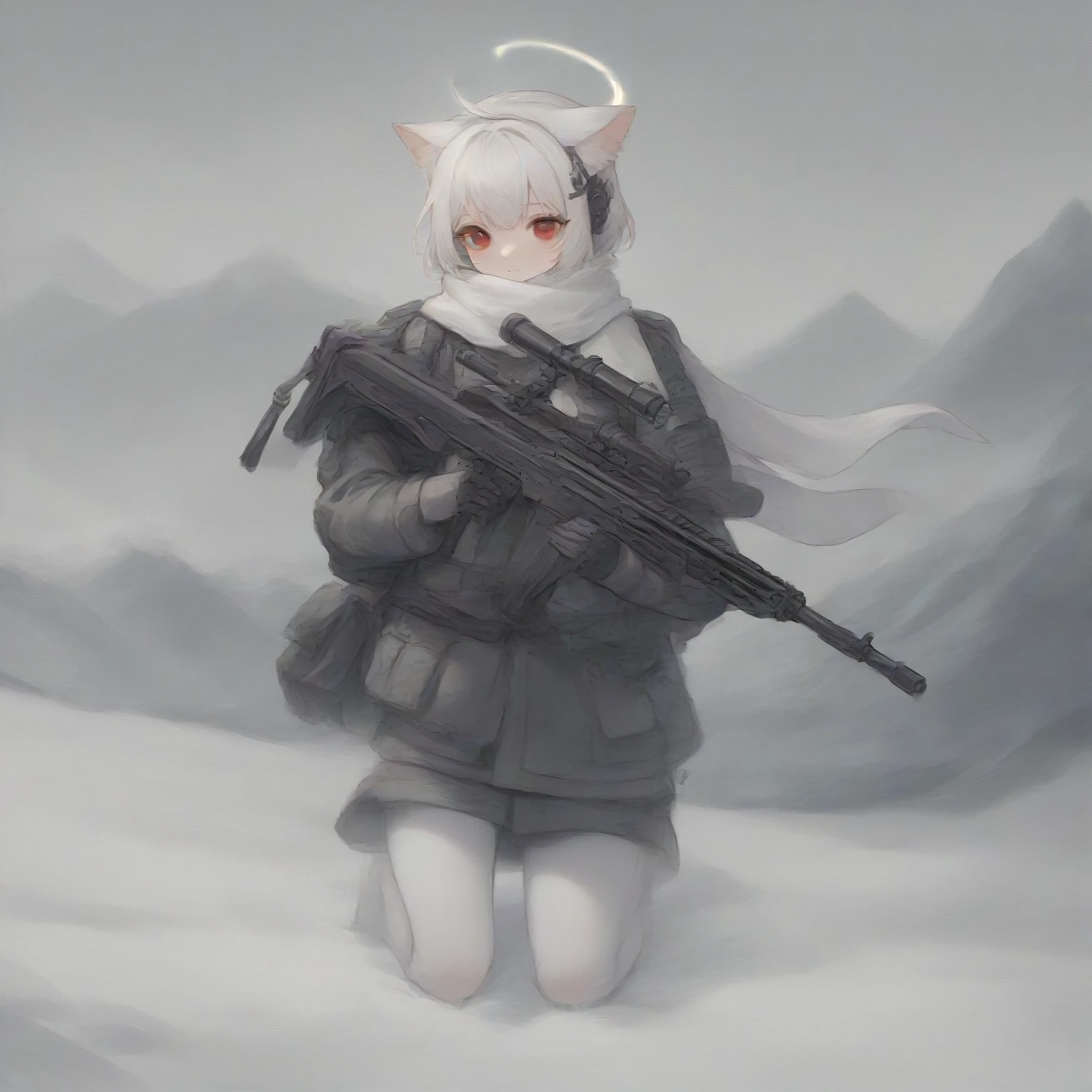 White hair, cat ears, 1 girl, white pantyhose, red eyes, military, sci-fi drones, white scarf (white scarf covering the neck), gray angelic halo, holding a sci-fi rifle, high quality, cute, no water marks, snow, mountain (snowy mountain)