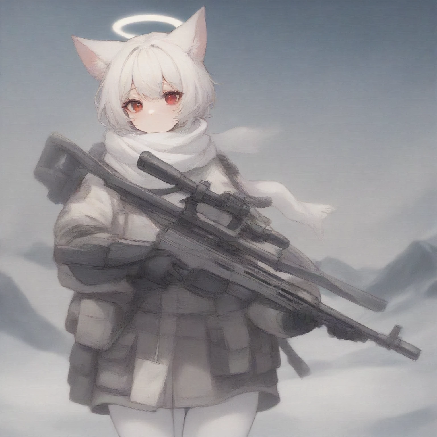 White hair, cat ears, 1 girl, white pantyhose, red eyes, military, sci-fi drones, white scarf (white scarf covering the neck), gray angelic halo, holding a sci-fi rifle, high quality, cute, no water marks, snow, mountain (snowy mountain)