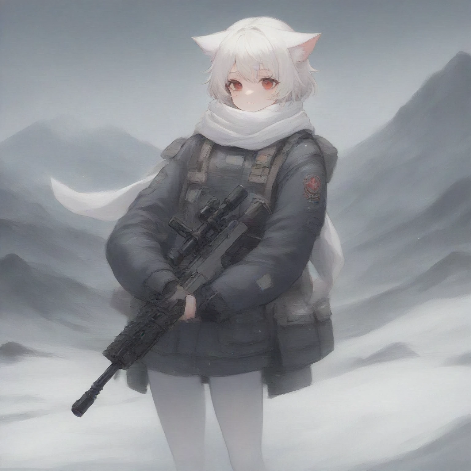 White hair, cat ears, 1 girl, white pantyhose, red eyes, military, sci-fi drones, white scarf (white scarf covering the neck), gray angelic halo, holding a sci-fi rifle, high quality, cute, no water marks, snow, mountain (snowy mountain)