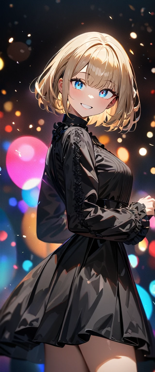 (((One girl))), Shibuya, blond hair, bob cut, ((cowboy shot)), (looking at viewer), breasts, ager, head tilt:1.3, (((blue eye))), constricted pupils, (from side:1.3), reaching, ((happy smile)), gothic loli.3, anime style, (best quality, 4k, 8k, highres, masterpiece:1.2, ultra-detailed, ultra-detailed eyes, HDR, UHD, studio lighting, ultra-fine painting, sharp focus, physically-based rendering, extreme detail description, professional, vivid colors, bokeh)