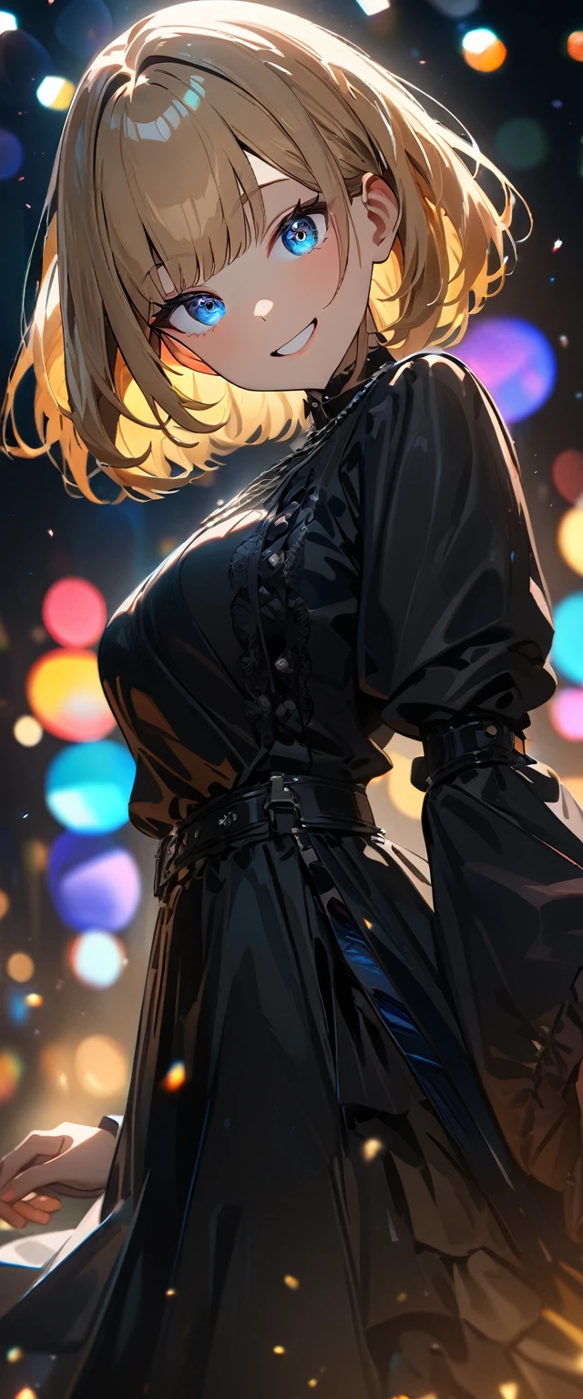 (((One girl))), Shibuya, blond hair, bob cut, ((cowboy shot)), (looking at viewer), breasts, ager, head tilt:1.3, (((blue eye))), constricted pupils, (from side:1.3), reaching, ((happy smile)), gothic loli.3, anime style, (best quality, 4k, 8k, highres, masterpiece:1.2, ultra-detailed, ultra-detailed eyes, HDR, UHD, studio lighting, ultra-fine painting, sharp focus, physically-based rendering, extreme detail description, professional, vivid colors, bokeh)