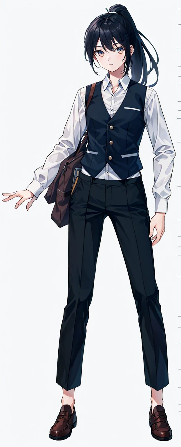 1 girl, 20 years old, full body, waistcoat, ponytail, black hair, standing, long sleeve, chino pants,