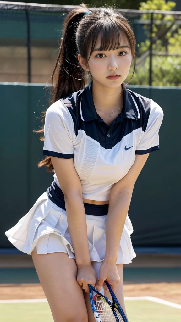 masterpiece, best quality, illustration, Super detailed, fine details, High resolution, 8K,wall paper, perfect dynamic composition, front view, standing, leaning forward, 18 year old girl, tennis player, Gravure Idol, cute type, (Details High quality, realistic depiction of eyes:1.3), Colossal tits, expresses the roundness and softness of your chest., low ponytail, black hair color, Dark makeup, Big Natural Color Lip, thick thighs, perfect body shape, plump figure, large hips, beautiful clavicle, white tennis uniform, short sleeve, shirt, skirt, socks, tennis shoes, depth of fields, natural lighting