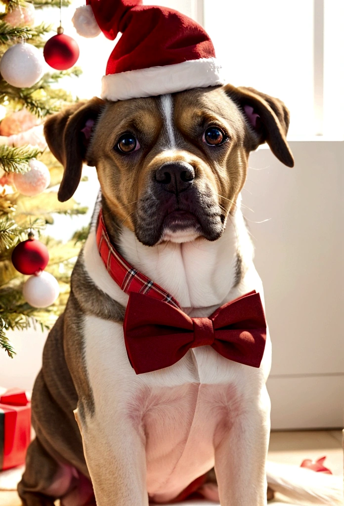 Various dogs wearing Santa hats and red bow ties,Lighted Christmas tree in the background, Fresh and lovely,warm color palette,Warm scene,friendly,Natural light,Pastel tones