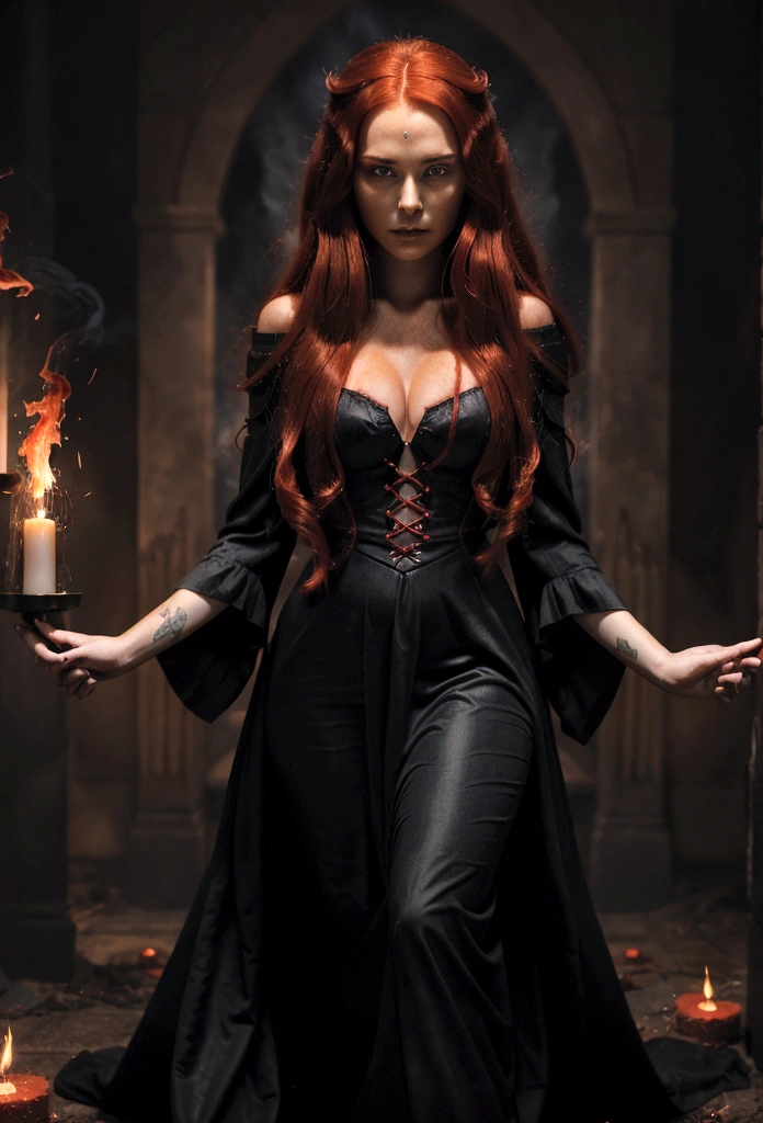 A mysterious and powerful woman with long red hair wearing a flowing dark dress with red accents. She has a serious expression and is holding flames in her hands, exuding an aura of magical power. The background is dark and smoky, enhancing the dramatic and mystical atmosphere around her.