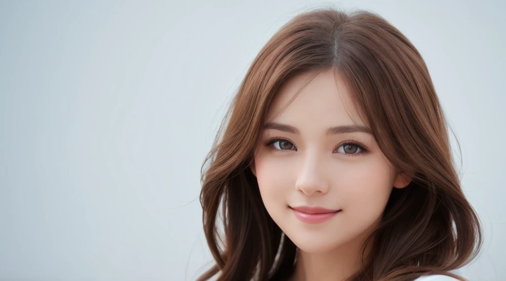 Create an image of a beautiful woman with chestnut brown hair. The background is clean white. She is making direct eye contact with the camera, and the focus is on her upper body. She is smiling gently, radiating a sense of beauty and confidence. Design the image with the intention of using it for beauty-related promotions, capturing the essence of a confident and approachable beauty. Pay attention to details such as her hair, facial expression, and the overall composition against the clean white background