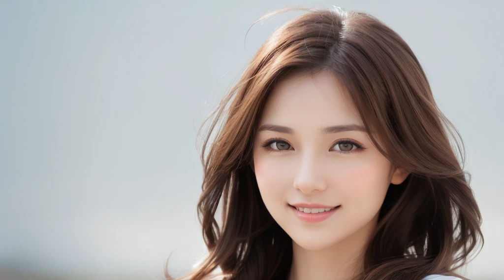 Create an image of a beautiful woman with chestnut brown hair. The background is clean white. She is making direct eye contact with the camera, and the focus is on her upper body. She is smiling gently, radiating a sense of beauty and confidence. Design the image with the intention of using it for beauty-related promotions, capturing the essence of a confident and approachable beauty. Pay attention to details such as her hair, facial expression, and the overall composition against the clean white background