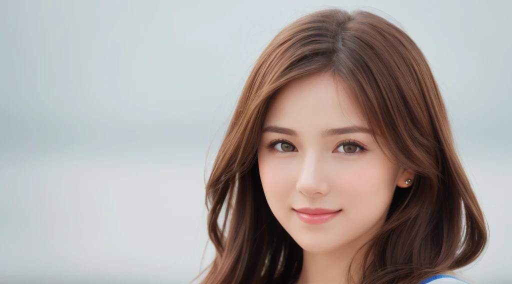 Create an image of a beautiful woman with chestnut brown hair. The background is clean white. She is making direct eye contact with the camera, and the focus is on her upper body. She is smiling gently, radiating a sense of beauty and confidence. Design the image with the intention of using it for beauty-related promotions, capturing the essence of a confident and approachable beauty. Pay attention to details such as her hair, facial expression, and the overall composition against the clean white background