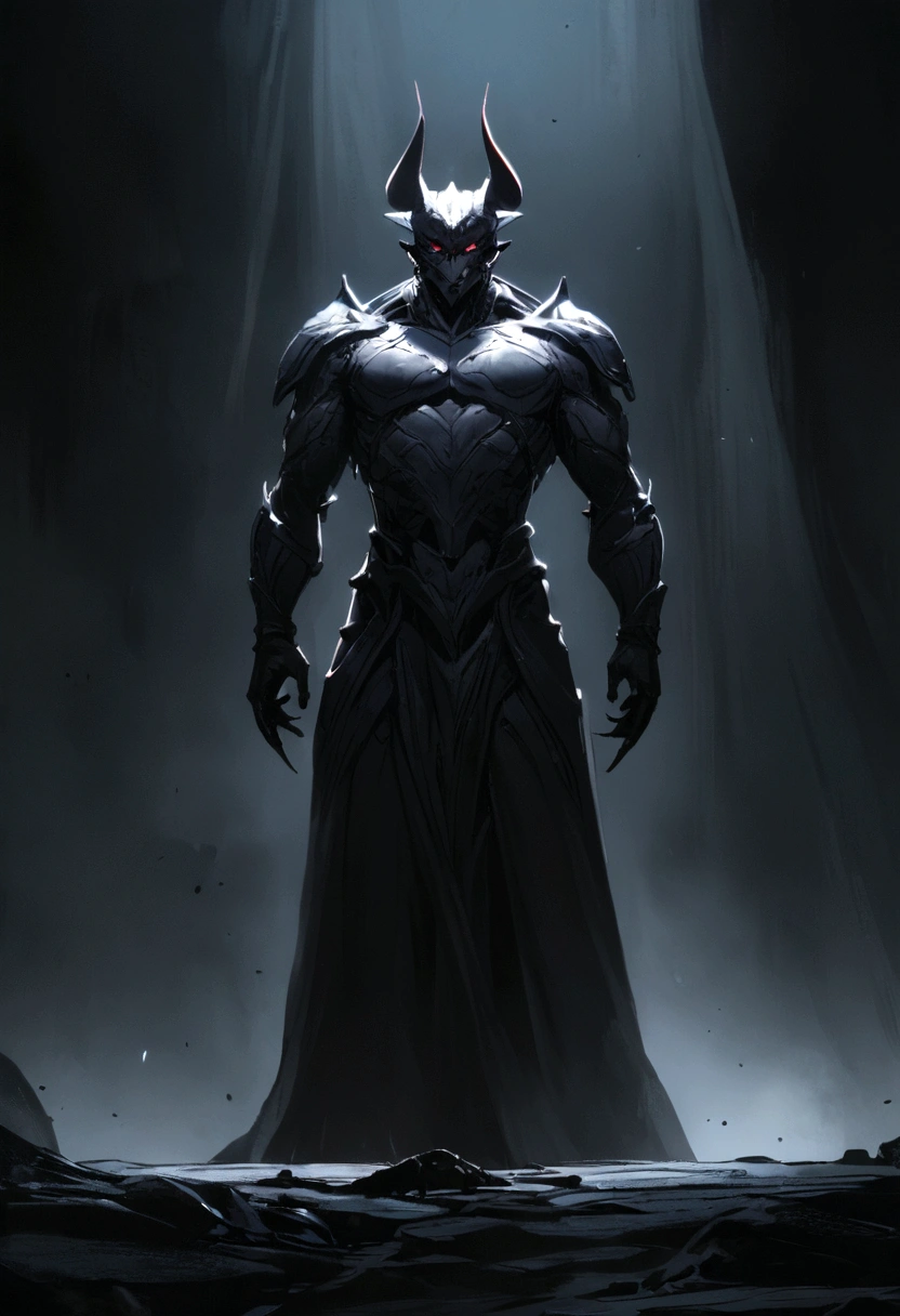 A bright, silver demon standing in the darkness, fully visible