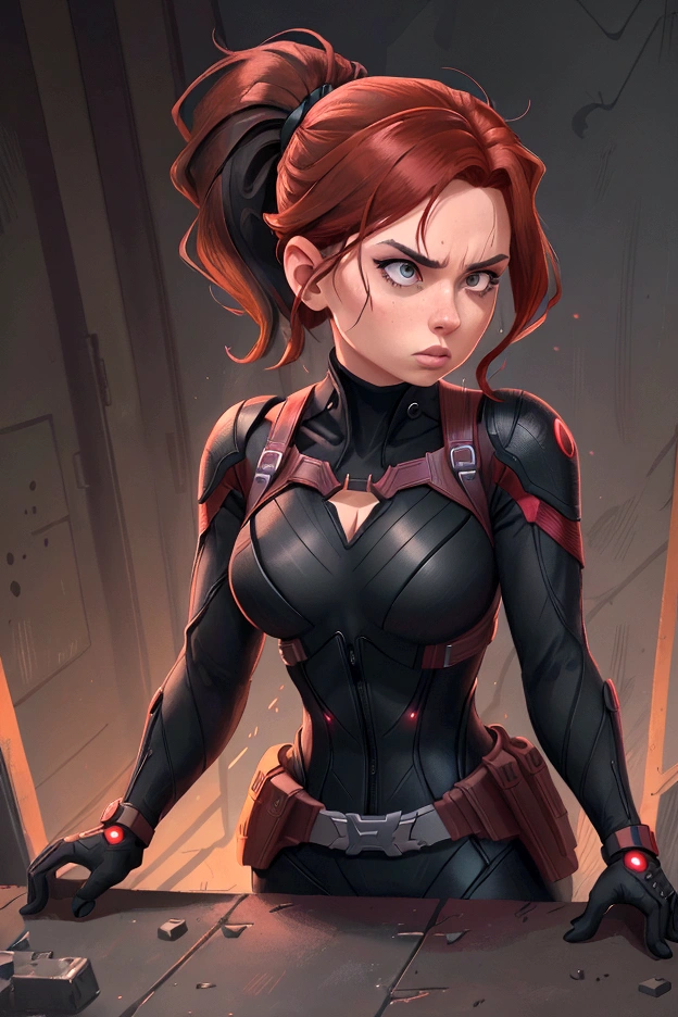 Create a dynamic 4K resolution close-up portrait of Black Widow, the fierce Marvel superheroine, capturing her strength and determination:
Visualize Black Widow with her striking features: her red hair styled in a sleek, shoulder-length bob or pulled back into a practical, tactical ponytail. Her eyes, sharp and focused, should reflect her unwavering determination and strategic mind.
Dress Black Widow in her iconic black tactical suit, featuring intricate details such as reinforced armor, utility belts, and the red hourglass symbol on her belt. The suit should appear sleek and functional, emphasizing her agility and combat prowess.
Set the scene against the backdrop of a high-tech, futuristic environment, perhaps a S.H.I.E.L.D. headquarters or a cityscape at dusk, with neon lights casting dramatic shadows. Include elements such as holographic displays or glimpses of advanced technology to enhance the modern, action-packed atmosphere.
The color palette should be dark and intense, with shades of black and deep reds, contrasted by the cool blues and silvers of the high-tech background, highlighting Black Widow's stealthy and formidable presence.
Black Widow's expression should convey a blend of determination, focus, and a hint of vulnerability, capturing her complex character. Her gaze should be piercing and resolute, embodying her role as a master spy and a skilled combatant.
This portrait aims to celebrate Black Widow as a symbol of strength, intelligence, and resilience, capturing her iconic features and the high-stakes, action-packed world she inhabits in the Marvel Universe.