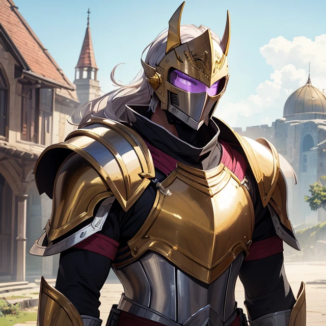 (Very detailed best high quality image, very detailed background, very detailed character alone, its not a female character, its a male in full armor) full portrait of super soldier knight, fantasy knight of 3 meters height big and tall
1fantasypaladinknightMan: big muscular man with big bulky Armor: full helmet with golden trim and golden ponytail showing no face with light blue helmet visor, knight wearing bulky purple plate armor with golden trims,purple big shoulder pads with golden trims, purple elbow pads with golden trims, big purple boots with golden trims, armored knight, Knight in armor, paladin armor, portrait of knight, 
Weapons: the knight's long sword has silver blade and golden handle
Scenery: the knight in armor, stands in front of the armenian castle, 