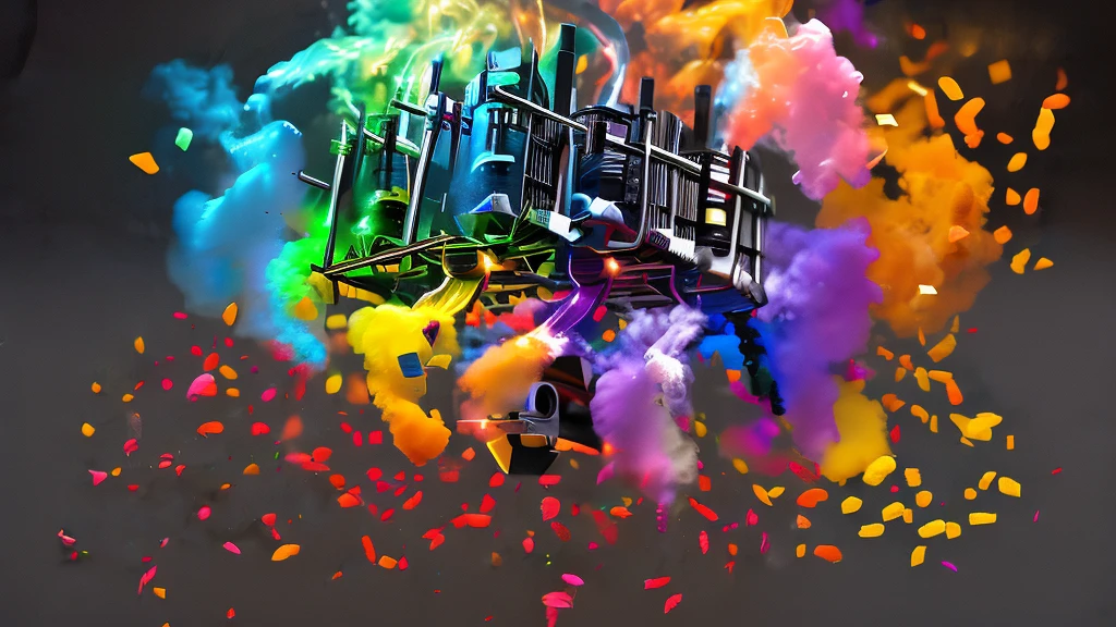 ((zoom in) Create a scene of a large ocean of colored paints simulating tattoos illuminated with neon by drawing the title Ai in the sky, ai my love