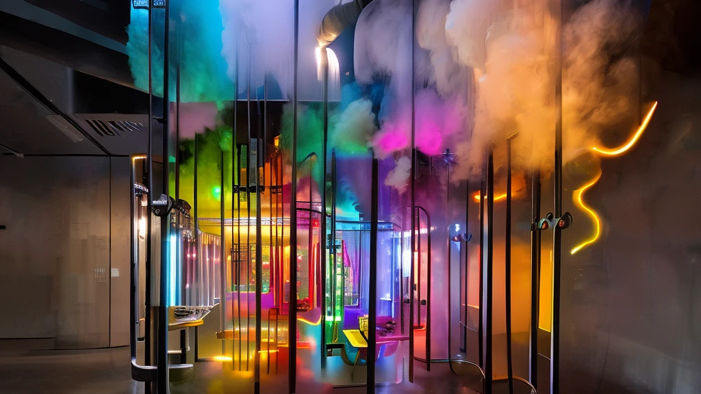 ((zoom in) Create a scene of a large ocean of colored paints simulating tattoos illuminated with neon by drawing the title Ai in the sky, ai my love