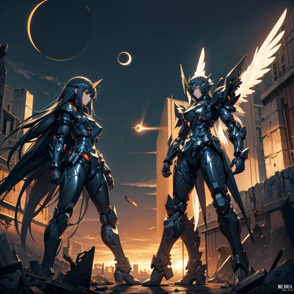 female mecha wings of angel, in black armor, in a destroyed city, the night, with an eclipse in the background