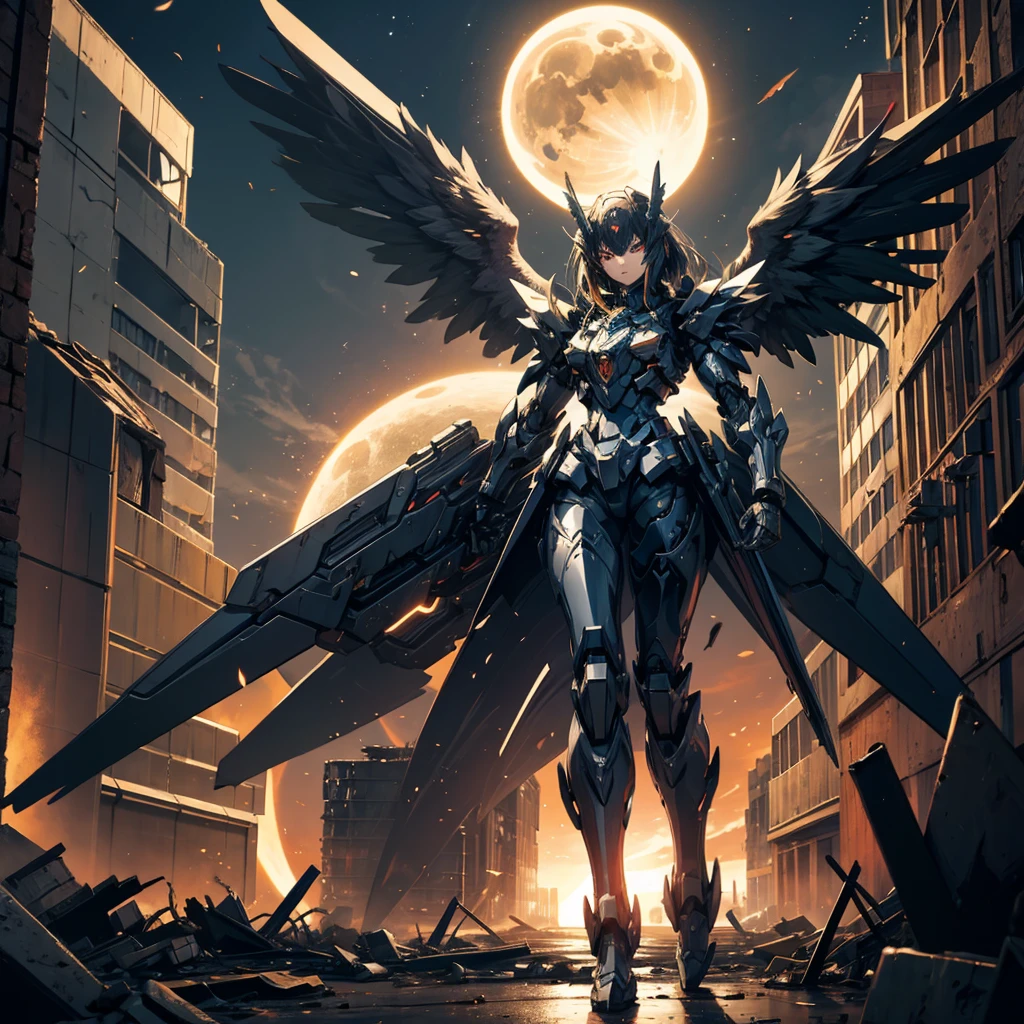female mecha wings of angel, in black armor, in a destroyed city, the night, with an eclipse in the background