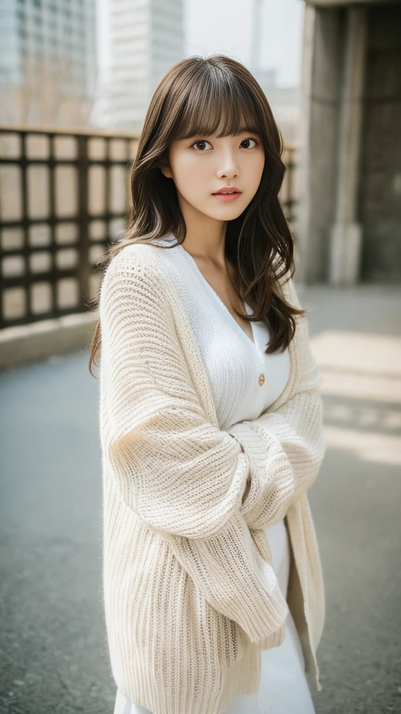 (Highest quality、16K resolution)1 girl、solo、Natural soft light、、Japanese women、Looking into the camera、White long sleeve knit cardigan、Concrete Background、Look forward、standing、Beaver、Female in her late teens、Light bangs、short hair、Salon model、Natural look、Portrait、Floated hair、Roll Hair