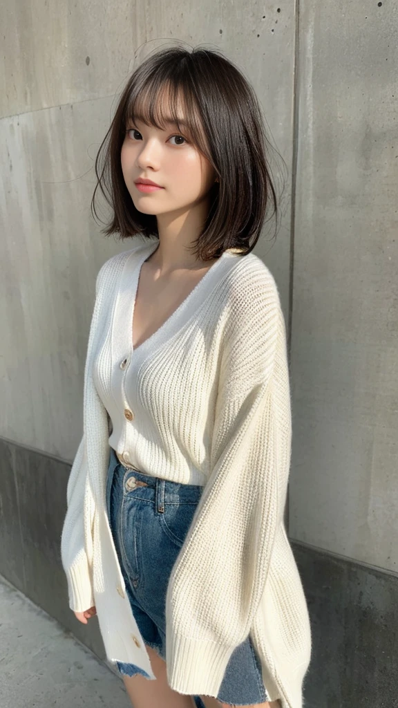 (Highest quality、16K resolution)1 girl、solo、Natural soft light、、Japanese women、Looking into the camera、White long sleeve knit cardigan、Concrete Background、Look forward、standing、Beaver、Female in her late teens、Light bangs、short hair、Salon model、Natural look、Portrait、Floated hair、Roll Hair