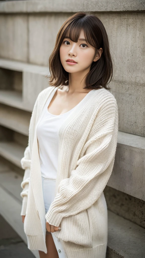 (Highest quality、16K resolution)1 girl、solo、Natural soft light、、Japanese women、Looking into the camera、White long sleeve knit cardigan、Concrete Background、Look forward、standing、Beaver、Female in her late teens、Light bangs、short hair、Salon model、Natural look、Portrait、Floated hair、Roll Hair