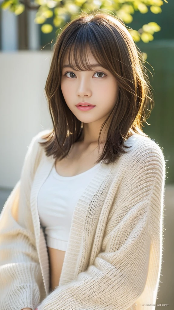 (Highest quality、16K resolution)1 girl、solo、Natural soft light、、Japanese women、Looking into the camera、White long sleeve knit cardigan、Concrete Background、Look forward、standing、Beaver、Female in her late teens、Light bangs、short hair、Salon model、Natural look、Portrait、Floated hair、Roll Hair
