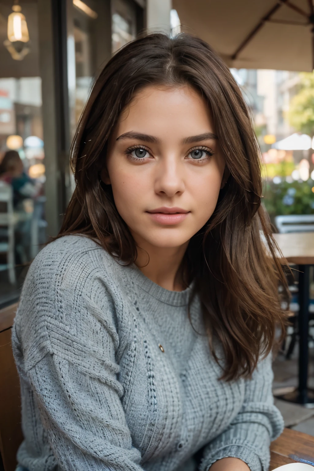 beautiful brunette in gray sweater (sitting outside in the spring in a cafe), detailed extreme, 25 years, innocent face, natural brown wavy hair, blue like the sea eyes, high resolution, Masterpiece, Best Quality, intricate details, Very detailed, sharp focus, detailed skin, realist skin texture, texture, detailed eyes, professional, 4k, charming smile, shot on Canon, 85mm, shallow depth of field, Kodak Vision Color, body in perfect shape, extremely detailed, Photo_\(ultra\), photorealist, realist, Post processing, maximum detail, roughness, real life, ultra realist, photorealism, Photography, 8k hd, Photography,