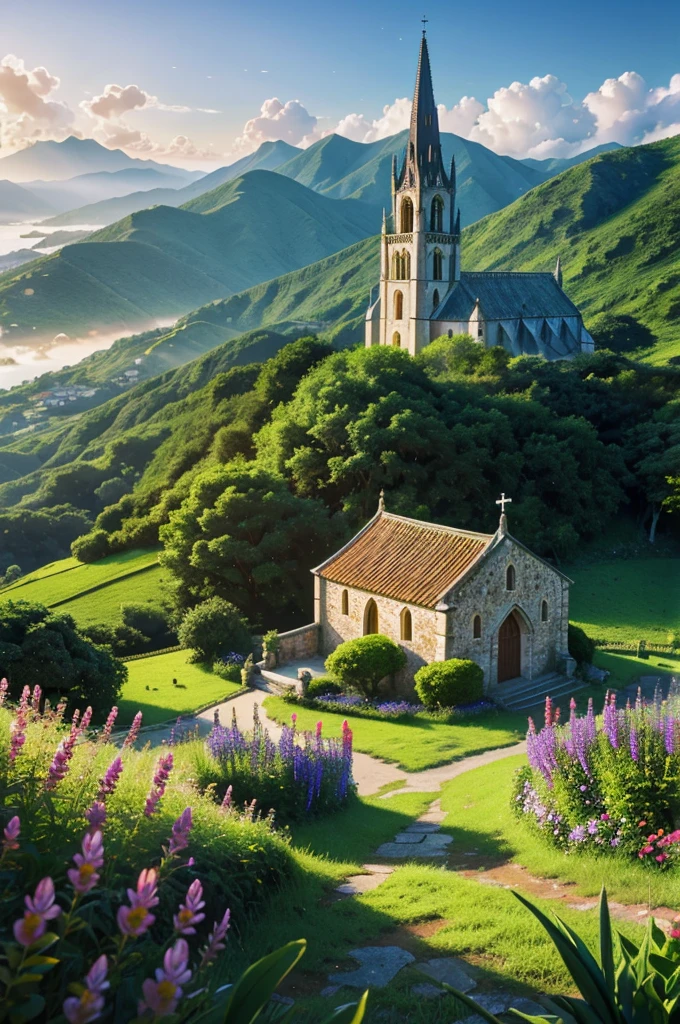 Medieval Catholic church on the mountain, View of the sea, surrounded by lush vegetation in a valley of flowers, rise sun, with rays of light, slightly misty day, Ultra -HD, 真实感, cinematic light, detailed back ground, swirly vibrant colors, conceptual artwork