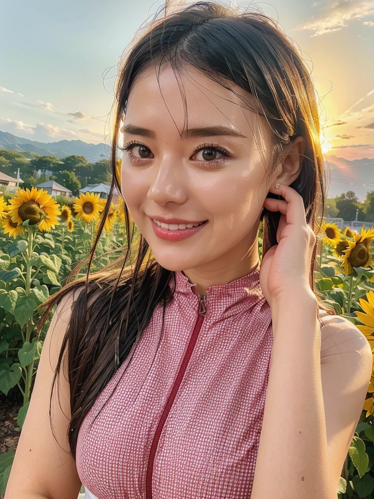 rie,One Woman,(best quality), (ultra detailed), (absolutely resolution), (the body is moist:1.2),Face is front,Highly revealing, 32 years old, Raise both hands, (High neck bikini), The color of the swimsuit is magenta, The swimsuit has a gingham check pattern., Brown Hair, smile, Earrings, Sunflower fields at sunset、Golden shining flower々and the sunset sky