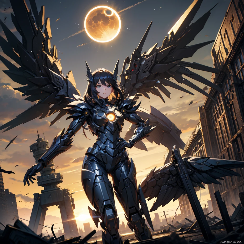 female mecha wings of angel, in black armor, in a destroyed city, the night, with an eclipse in the background