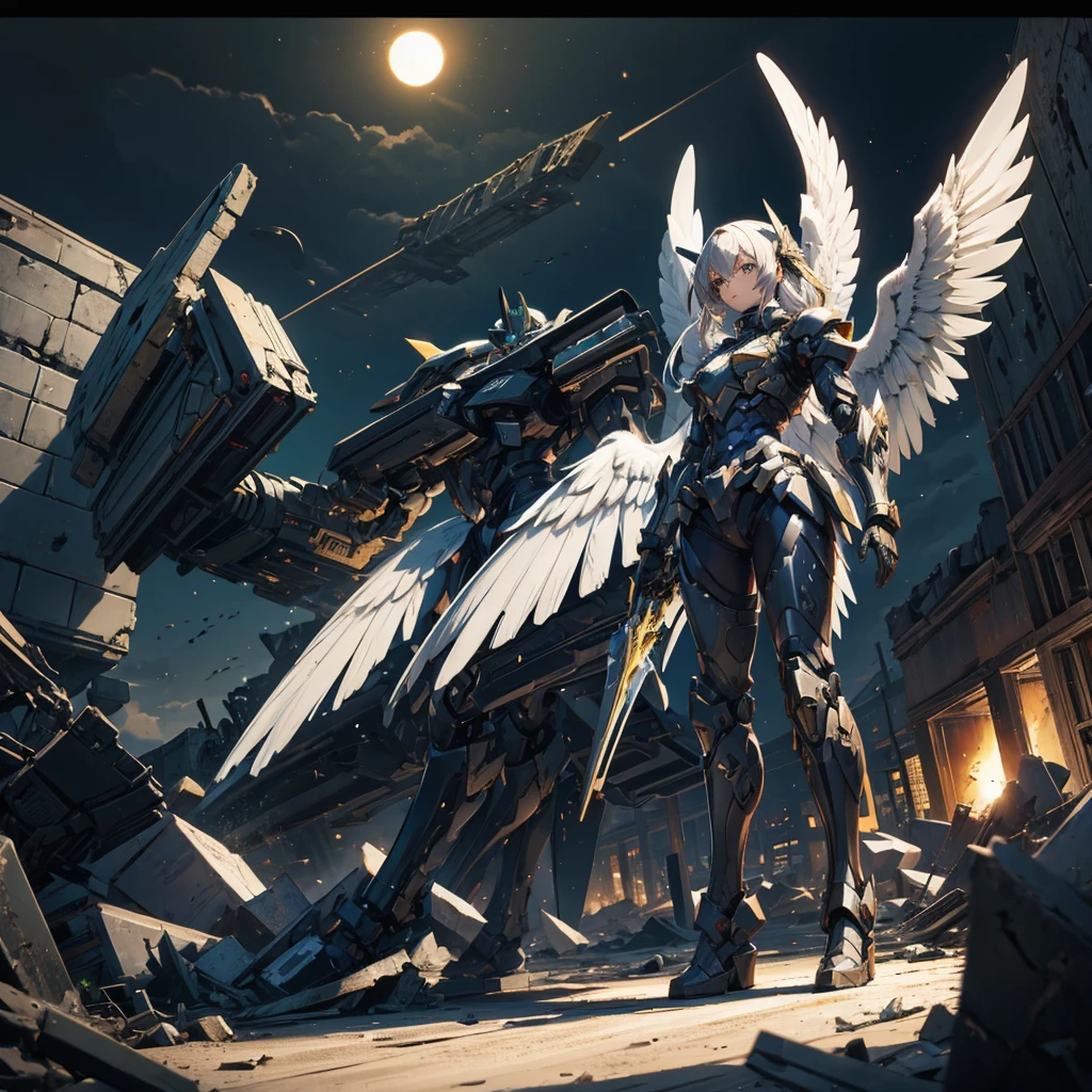 female mecha wings of angel, in black armor, in a destroyed city, the night, with an eclipse in the background