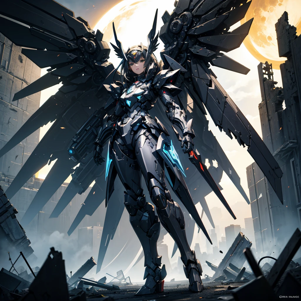 female mecha wings of angel, in black armor, in a destroyed city, the night, with an eclipse in the background